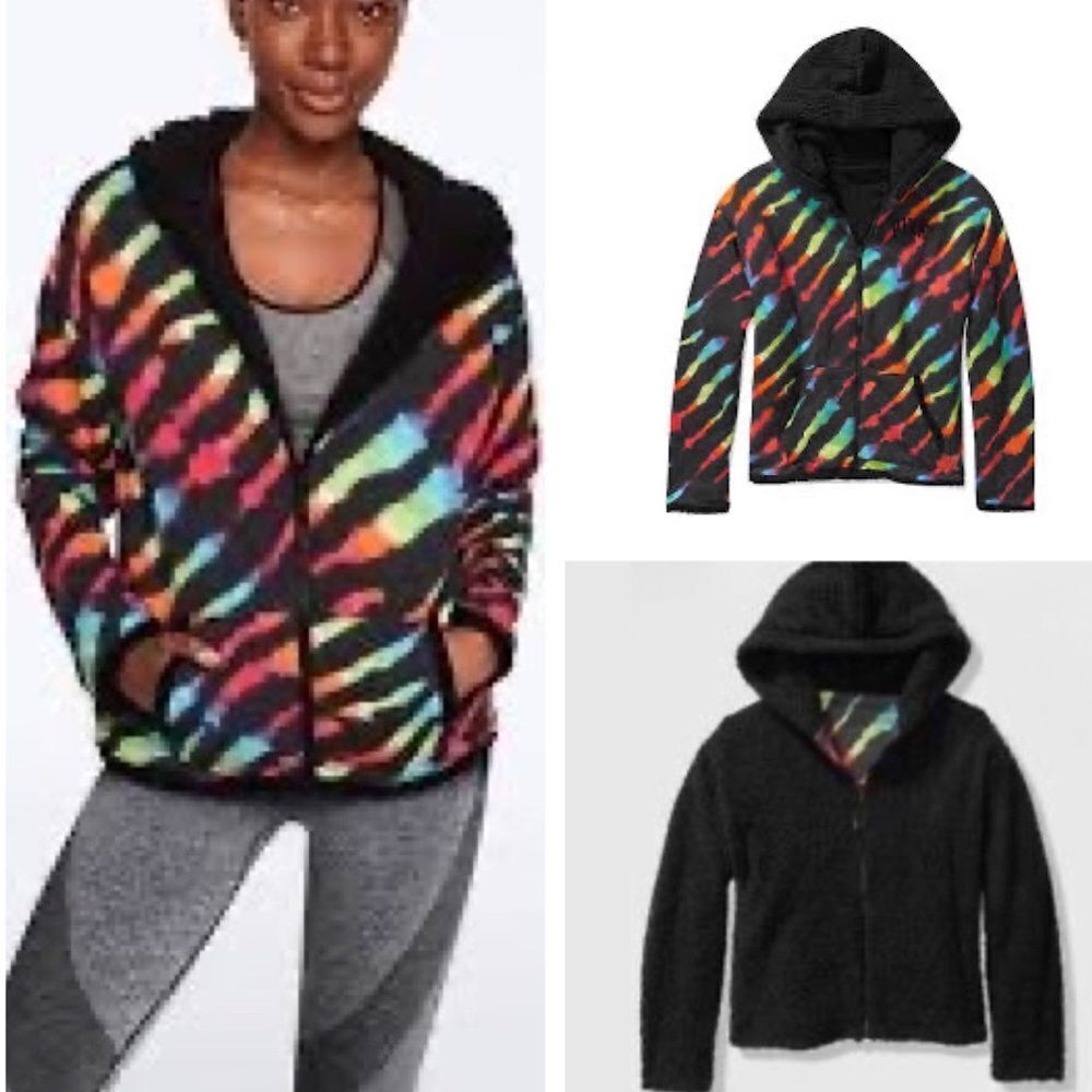 Victoria’s Secret Pink Reversible Sherpa Lined Full Zip Rainbow Tie Dye Hoodie L